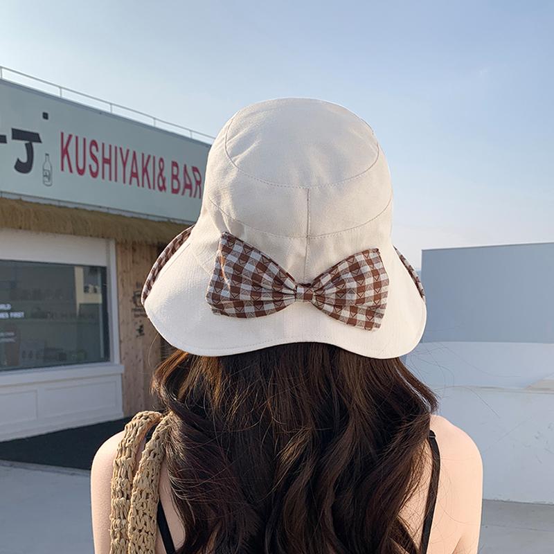 Spring and Summer Sun Hat for Children, Korean Version Checkered Bow Fisherman Hat, Outdoor Sun Hat