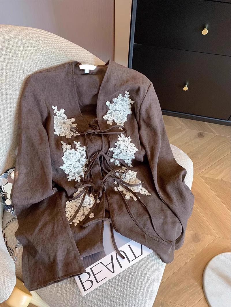 

Винтажный топ со шнуровкой, V-образным вырезом и рукавами-фонариками для женщин - Шикарный свободный крой для начала осени Double Extra Large