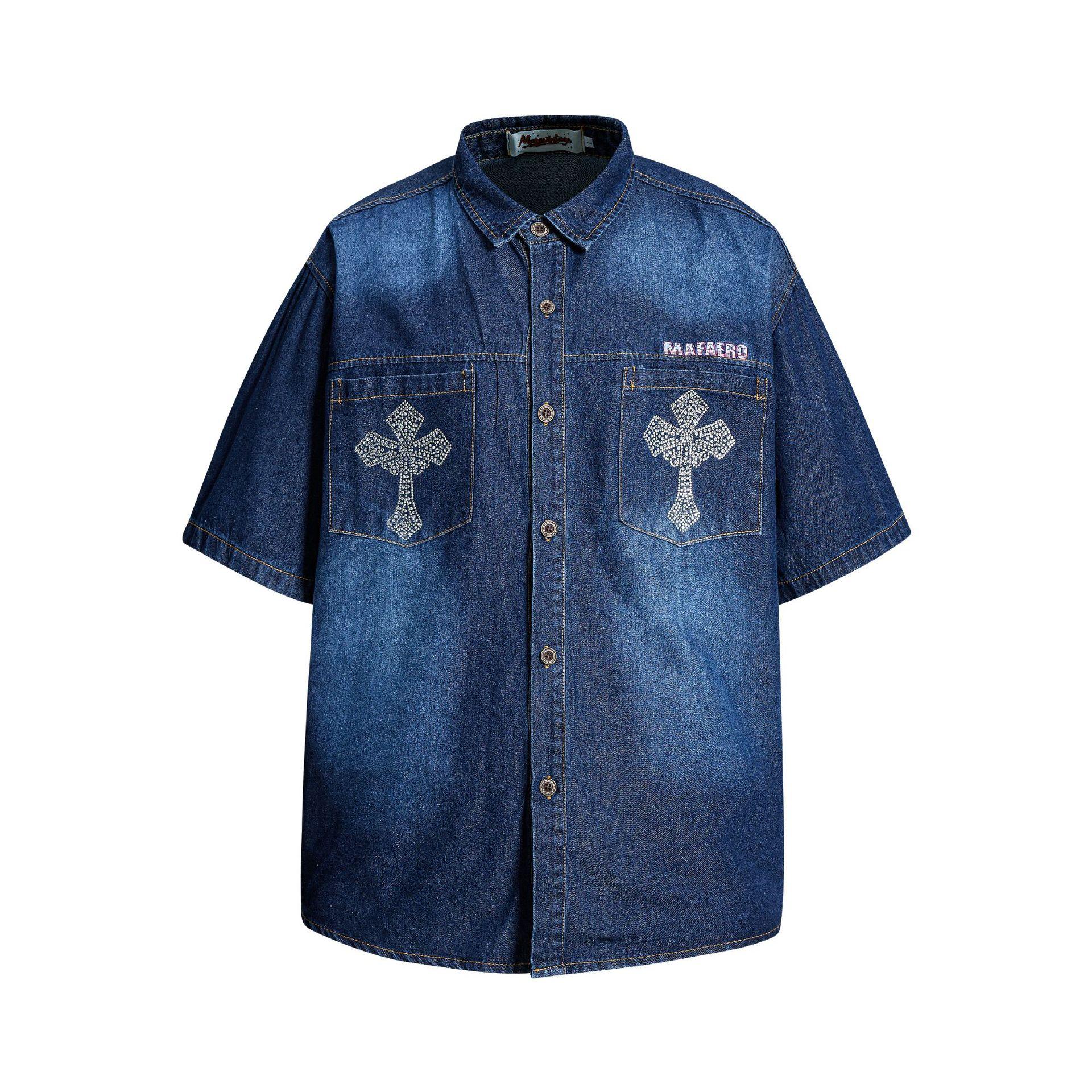 Men s High Street American Vintage Washed Denim Shirt Cross Embroidered Shirt Men s and Women s M
