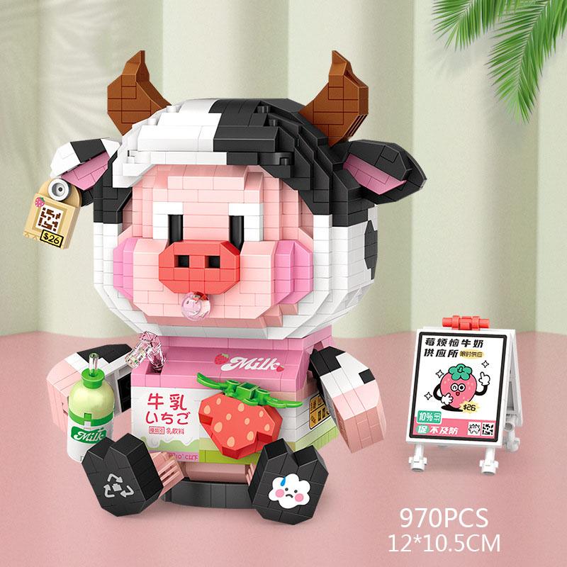 

Animation Animal Food Micro Diamond Block Pig Construction Blocks Strawberry Milk Hamburger Honey Instant Noodles Nanobricks Toys