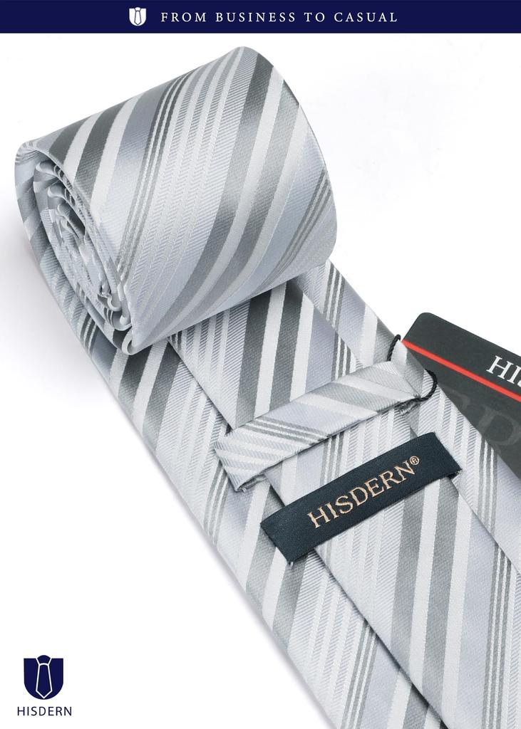 [HISDERN] Wedding Silver Tie Men's Tie Pocket Square Tie Pin Cufflinks 4-Piece Set Stripe Pattern For Weddings, Job Hunting, Entrance Ceremonies,