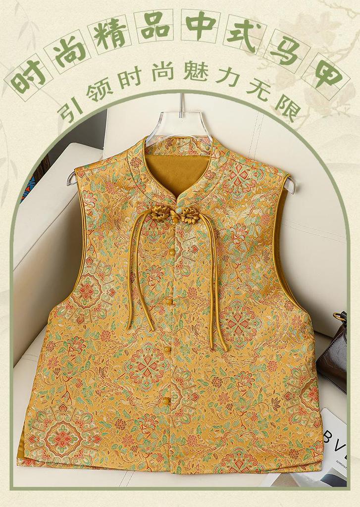 2026 Chinese Brocade Sleeveless Vest: Retro Frog Button Jacquard Top for Middle-Aged and Elderly Women