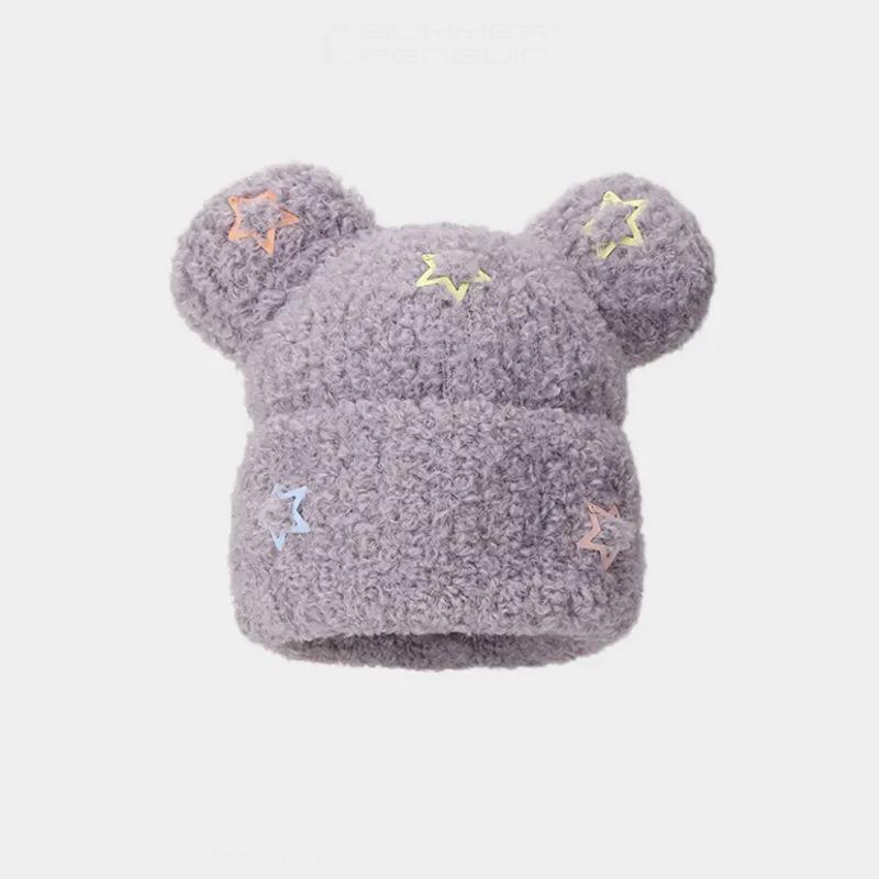 Neue Winterpullovermütze im koreanischen Stil mit süßem Bären, verdickte Strickmütze für Frauen, warme Plüsch-Strickmütze, um kleines Gesicht zu zeigen