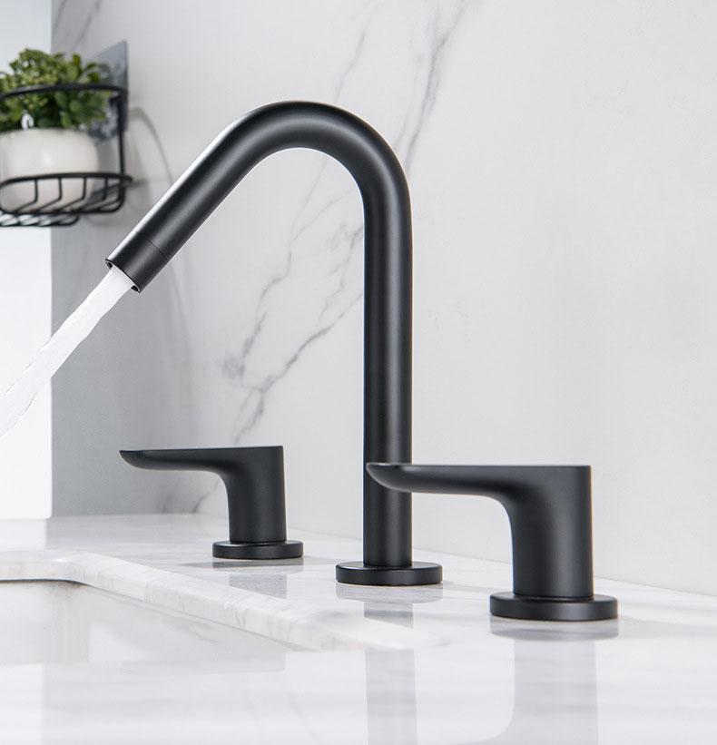 Double Handle Three Hole Bathroom Basin Faucet Black 304 Stainless Steel Hot And Cold Mixed Washbasin Faucet Black Basin Tap