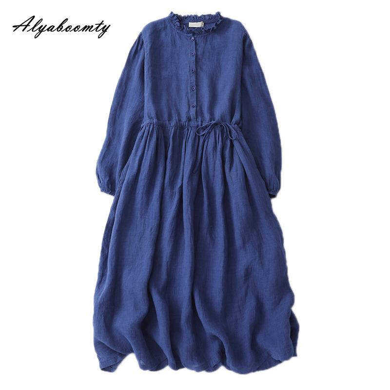 Japanese Mori Girl Spring Autumn Women Midi Dress Ruffled Collar Navy Blue Lace Up Dress Long Sleeve Vintage Elegant Cotton Dress