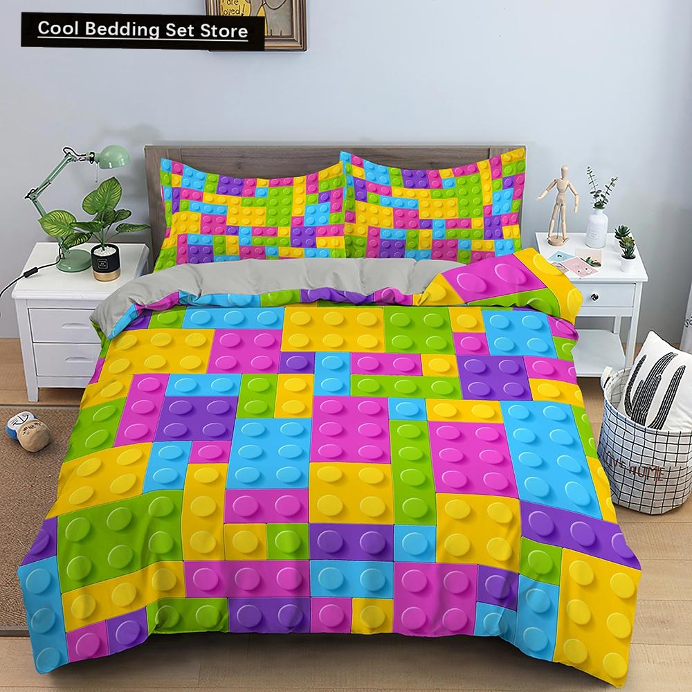 Colorful Toy King Queen Duvet Cover 3D Building Block Pattern Bedding Set Fun Brick Quilt Cover Gradient Rainbow Comforter Cover