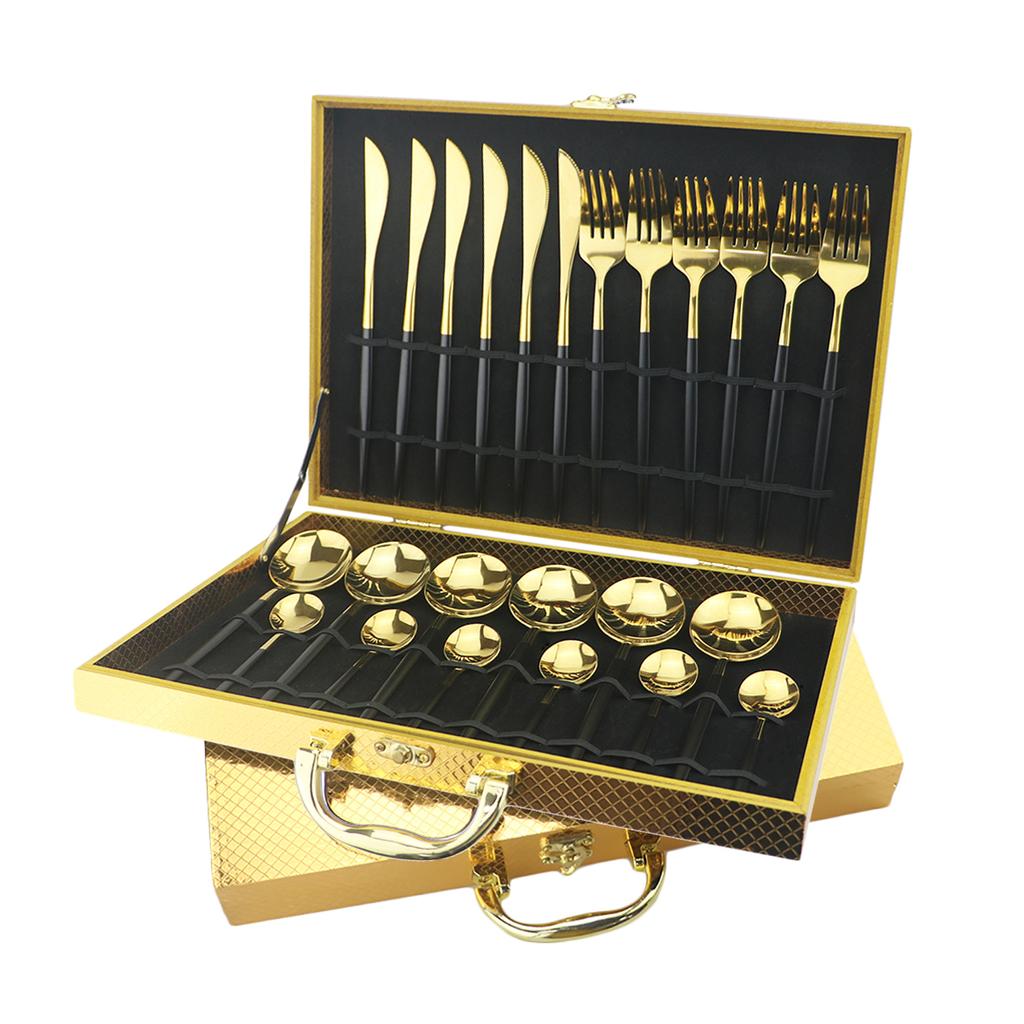 24Pcs Black Gold Dinnerware Set with Box Knives Fork Tea Spoon Cutlery Set Stainless Steel Silverware Tableware Kitchen Flatware