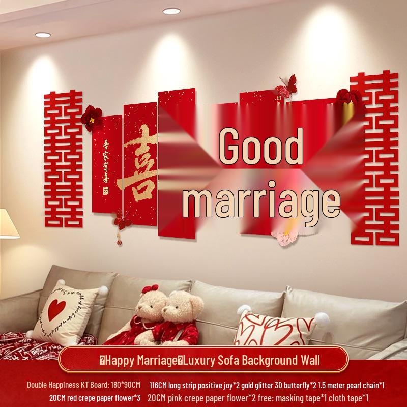 Wedding Decoration Set: Sofa Background, Bedroom Bedside, and Double Happiness Board for Groom's New House