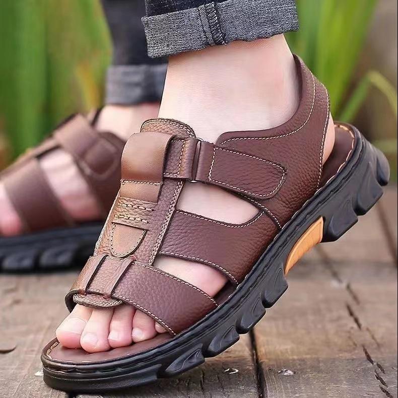 

Sandals first layer cowhide 2025 summer beach shoes men s middle-aged and elderly casual thick-soled cool leather shoes dad shoes a generation 44 коричневый