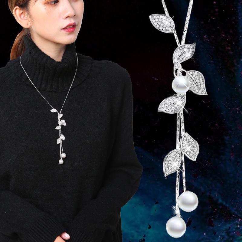 Korean Style Autumn-Winter Pearl Leaf Tassel Necklace