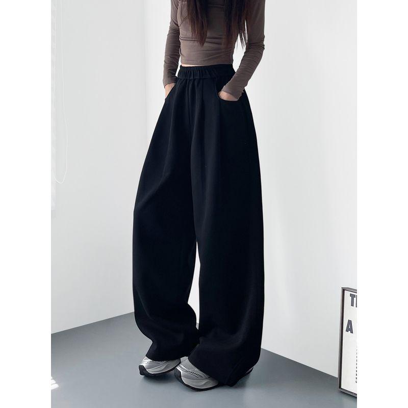Black Sweatpants, Loose-Fitting Wide-Leg Pants for Women, Winter, for Chubby Girls, Lazy Style, Relaxed Fit, Fleece-Lined, Sporty Casual Pants