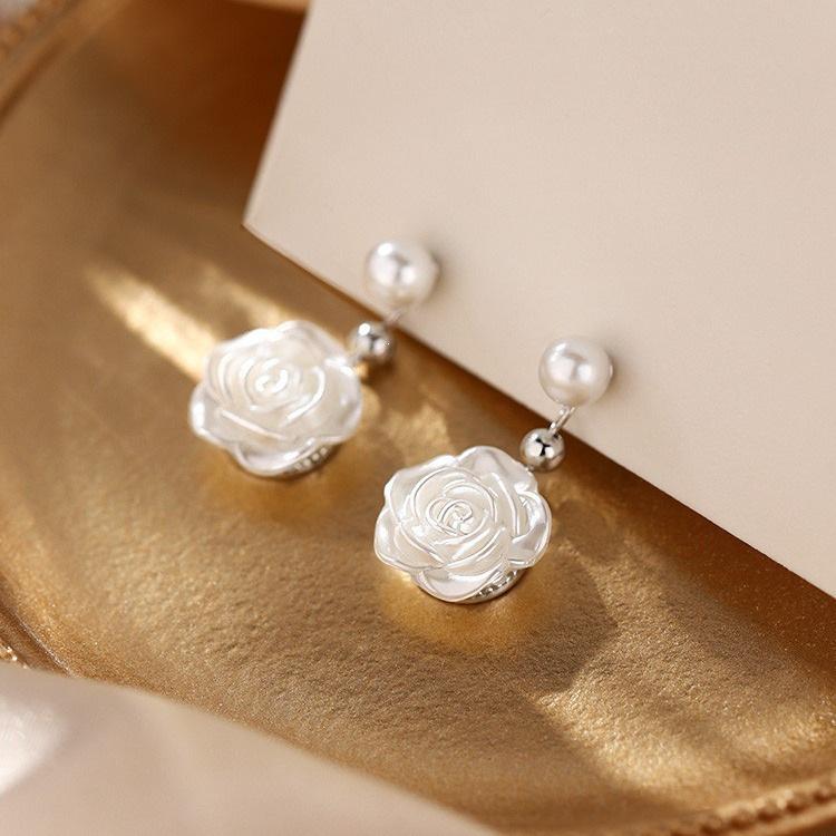 Camellia Stud Earrings: 925 Sterling Silver, Light Luxury Design for Women, 2022 Summer Style