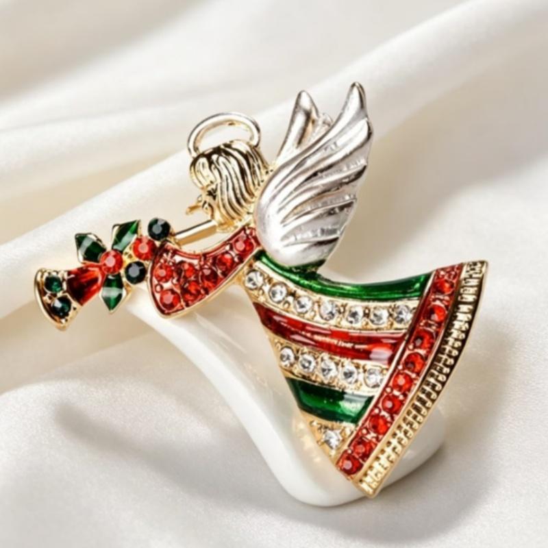 Christmas Angel Brooch Sparkly Rhinestone Inlay Gold Plated For Holiday Outfits Festive Gifting