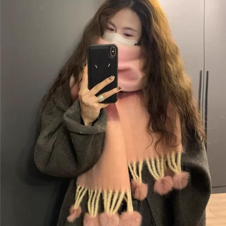 Brushed Warm Women's Soft Waxy Striped Cold Proof Long Dopamine Tassel Fur Ball Scarf