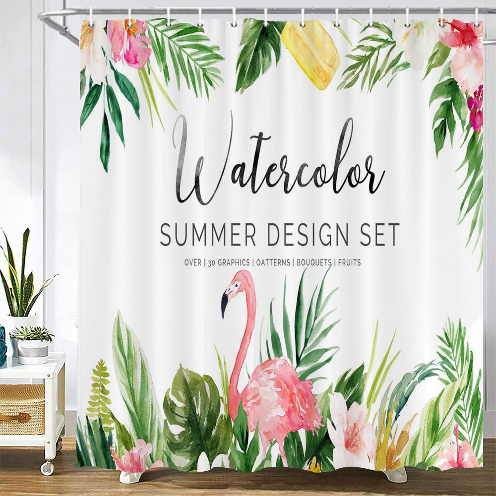 

Waterproof Bathroom Shower Curtains Flamingo Polyester Bath Curtain Flower Leaves Plant Bath Screen Printed Curtain Home Decor W60H190(CM)-1 Pcs