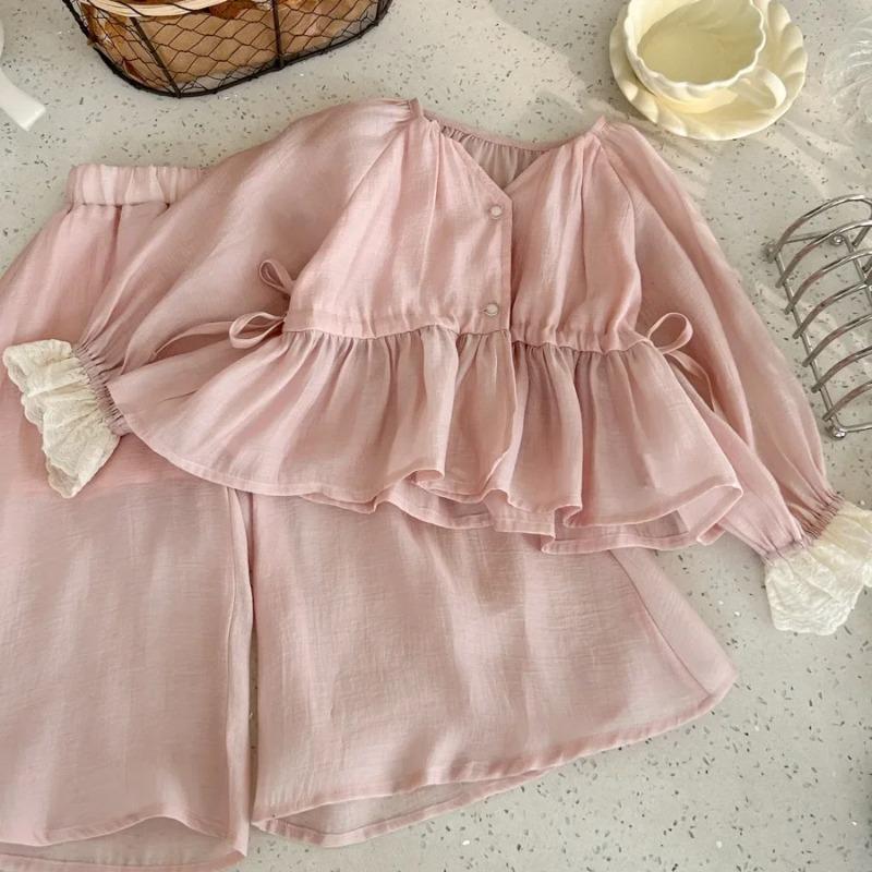 Girls Summer Shirt Skirt Two Pieces Simple Button Elastic Waist Pleated Fashion Childrens Sets Kids Clothes Girl 90cm