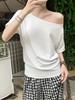 2026 Summer Plus Size Women's One-Shoulder T-Shirt - Slimming, Tummy Concealing, Pure Cotton, Versatile Casual Top