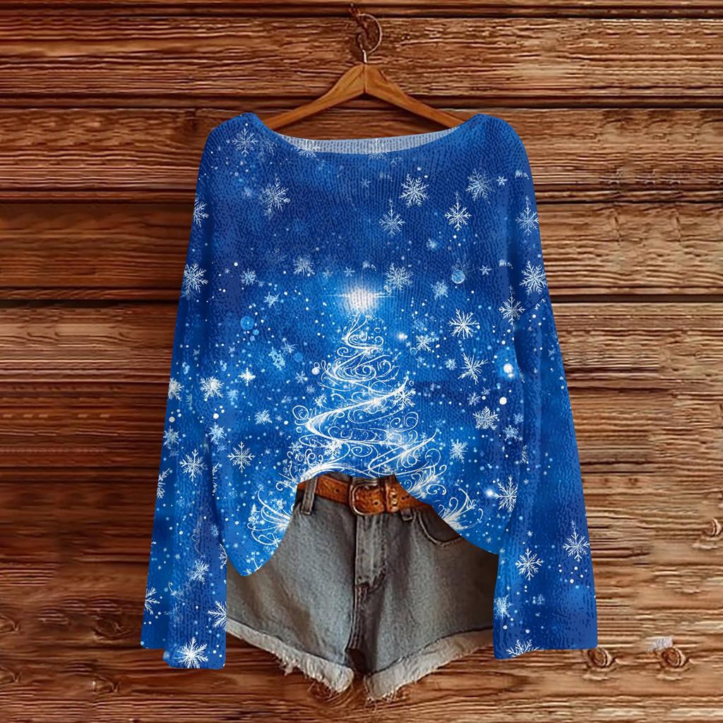 Women's Fashion Round Neck Long Sleeve Christmas Print Casual Pullover Sweater Top
