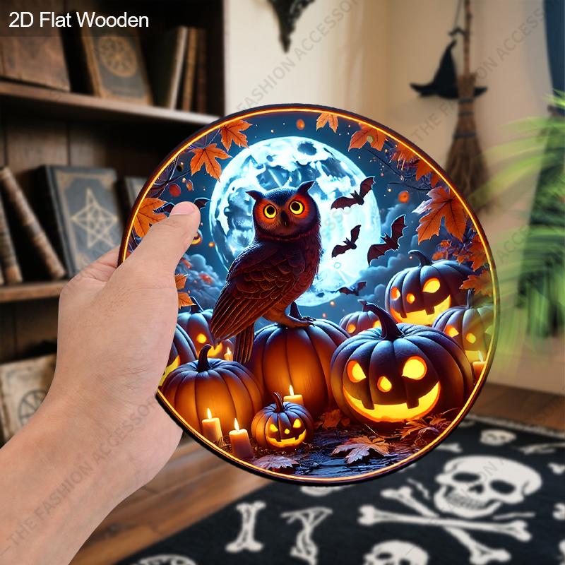 Halloween Owl Pumpkin Moon Round Flat Wooden Hanging Sign