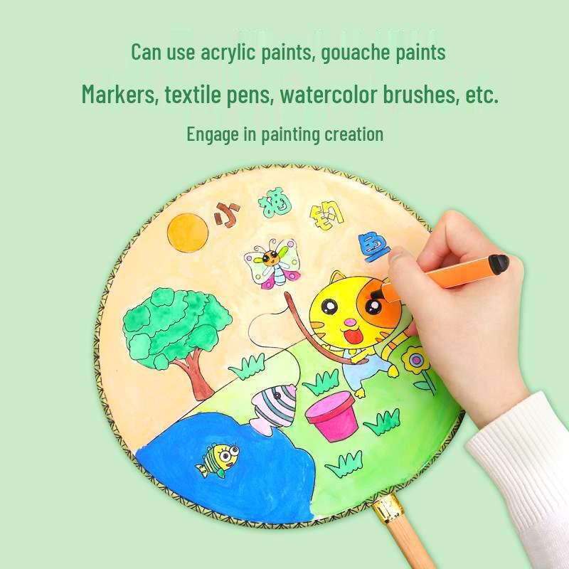 DIY Children's Silk Cloth Round Fan with Bamboo Handle - Palace Style Hand-Painted Kindergarten Craft