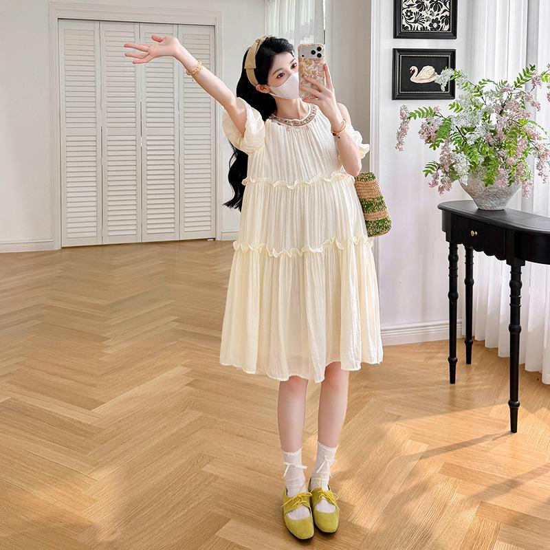2026 Summer Maternity Sweet Off-Shoulder Dress with Round Neck & Short Sleeves M
