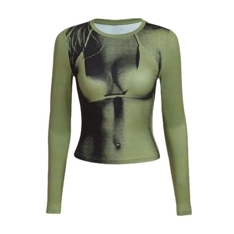 

2KWEIRD Gothic Body Print Crop Tee Shirts Women Fall Spring Y2K Korean Fashion Long Sleeve O-neck Skinny Top Tshirt Streetwear S зелений