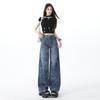 Flower Blue Jacquard Jeans Women's Summer and Autumn New Design Loose Wide-leg Pants Retro Straight Pants