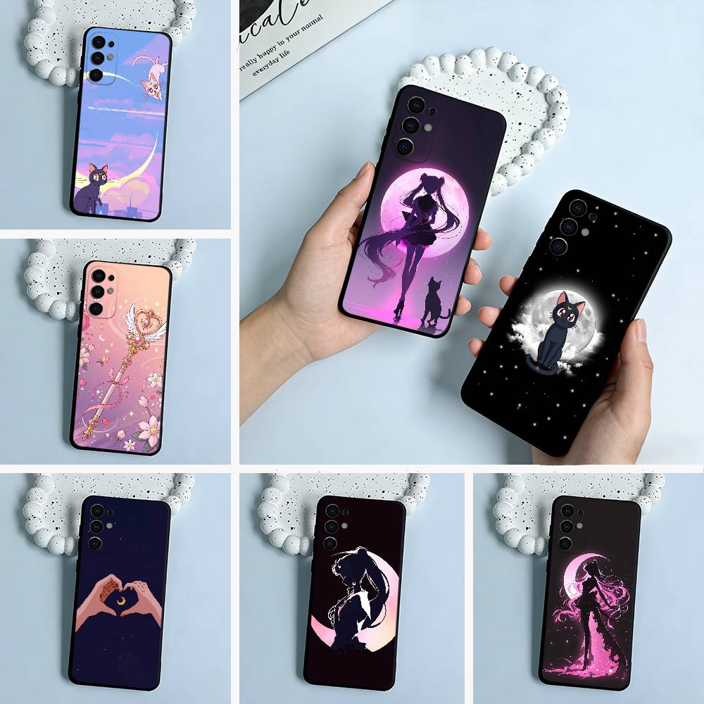 S-Sailor- Moon Black Soft Silicone Phone Case for Samsung S25, S24, S21, S22, S23, S30, Ultra, S20, Plus, FE, Lite