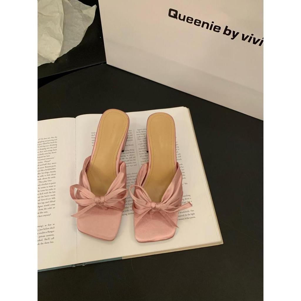 French evening breeze slippers fairy shoes 2025 new summer temperament pink bow sandals high heels sandals