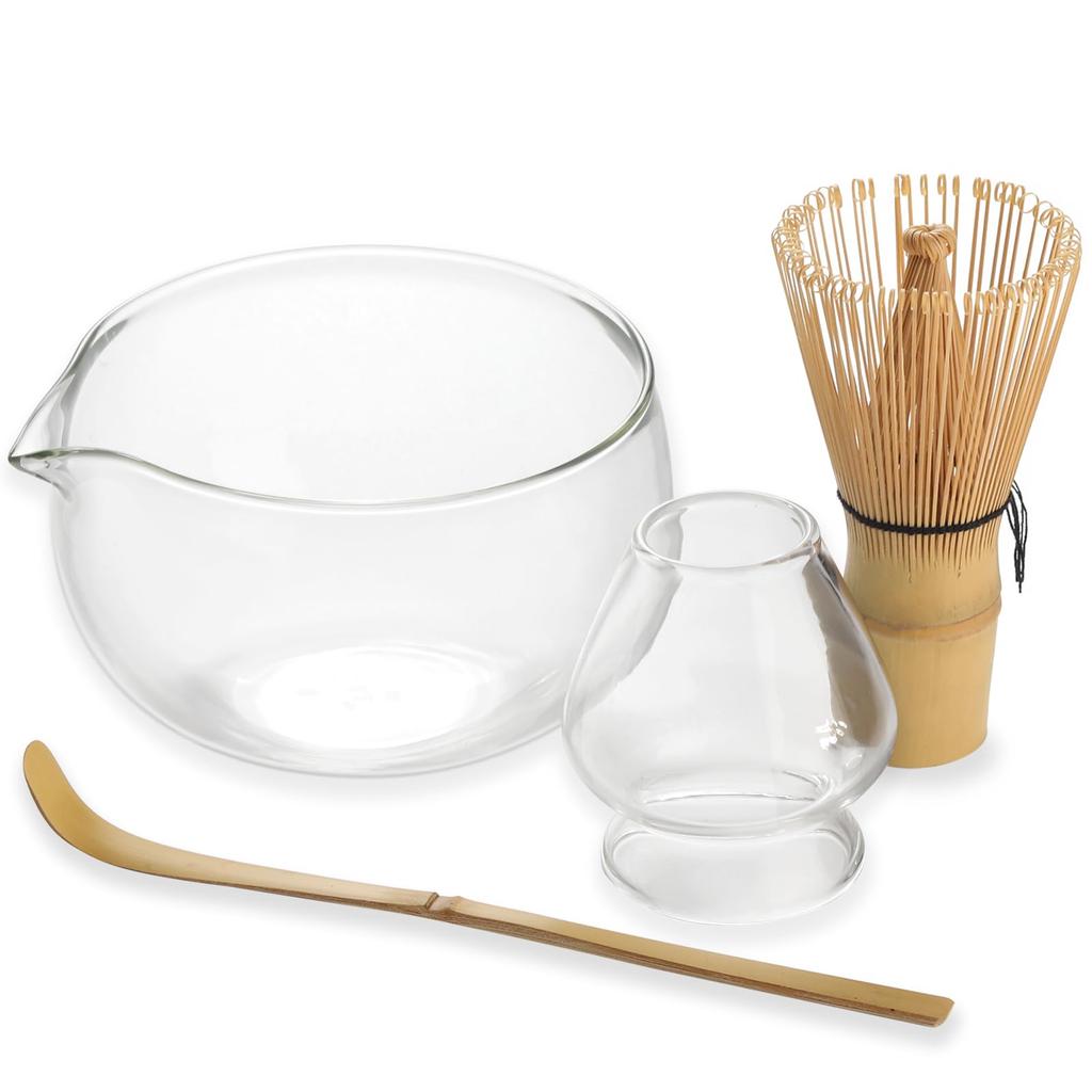 Glass Tea Bowl Set (for Matcha Tea Ceremony) - Includes Tea Bowl, Transparent Tea Whisk Stand, 100-Prong Tea Whisk, and Peach-Shaped Tea Scoop (500ml)