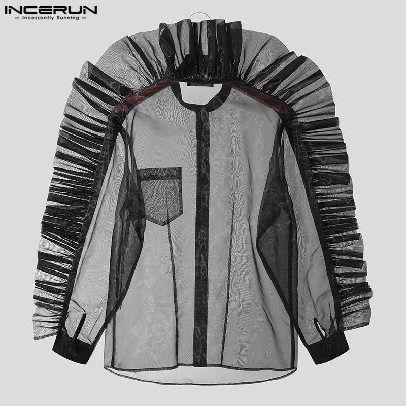 INCERUN Mesh Black Men See Through Long Sleeves Party Shirts