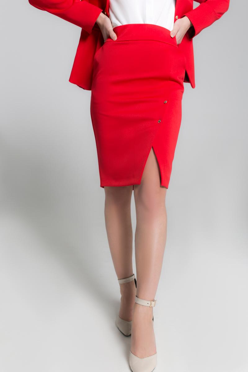 

Спідниця-олівець з асиметричним запахом та кишенями 40 червоний