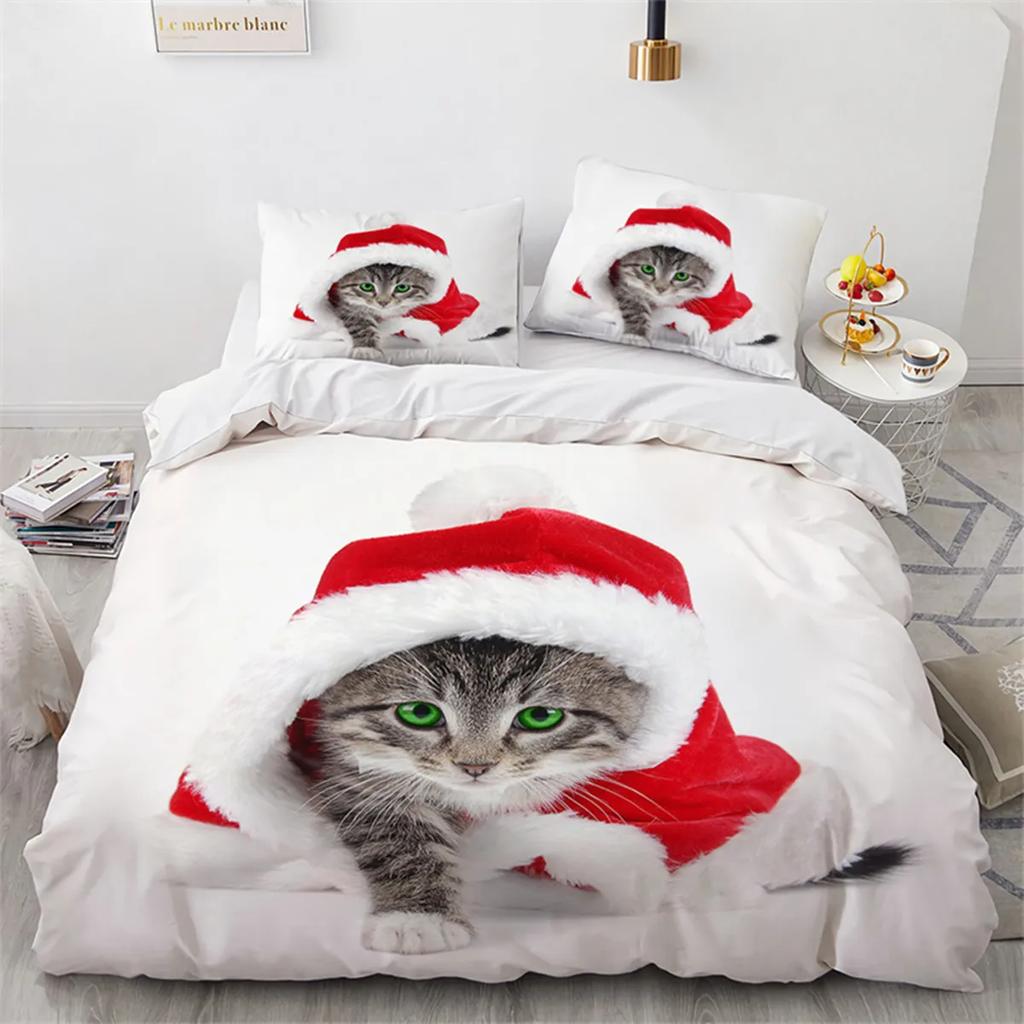 Christmas Cat Duvet Cover Merry Christmas Microfiber Cartoon Animal Santa Claus For Women Children Teen Gift Bedroom Decorations