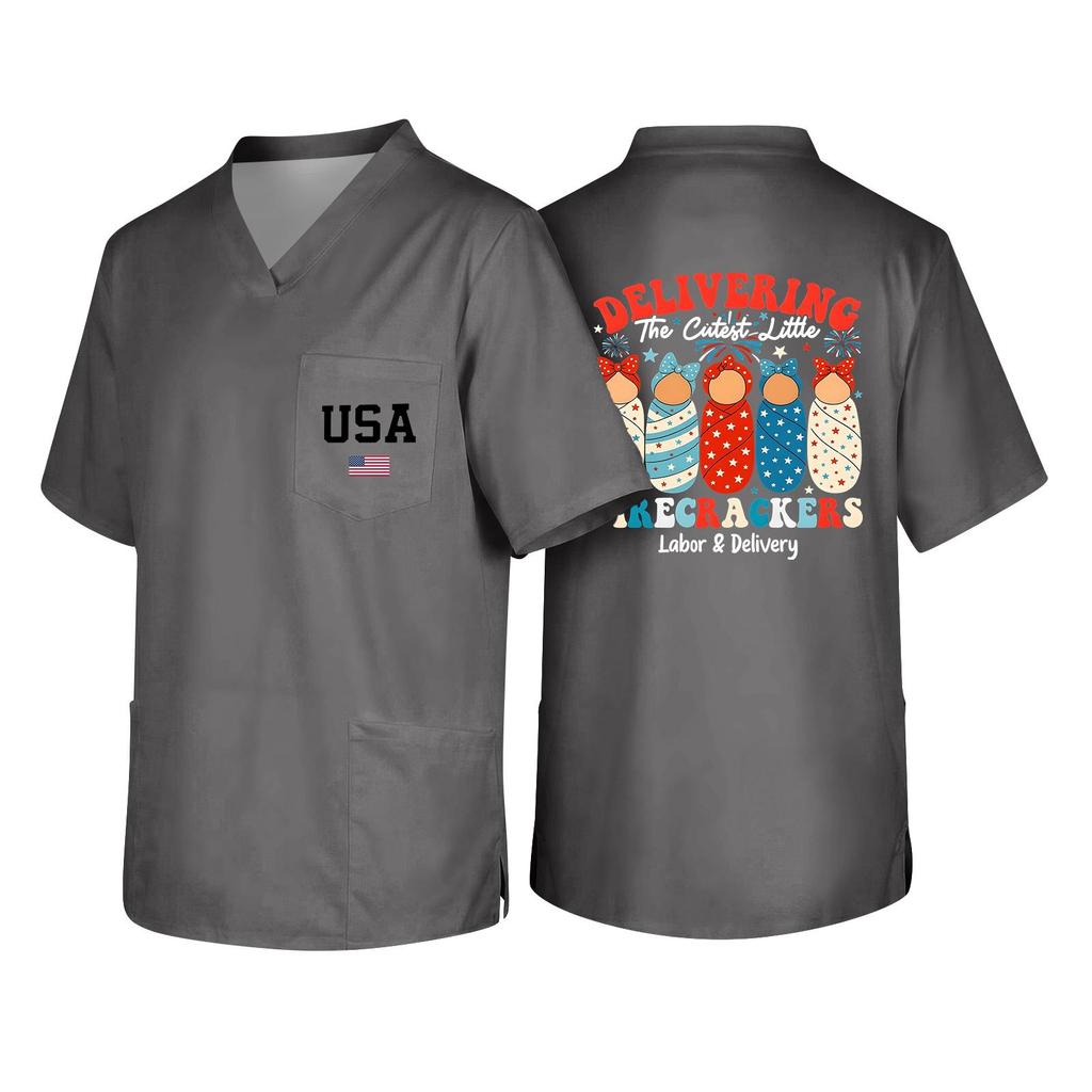 Men's Short Sleeve V Neck Work Shirt Nurse Uniform Top with Pocket USA Print Casual Fit Medical Scrub Tee for Healthcare Professionals