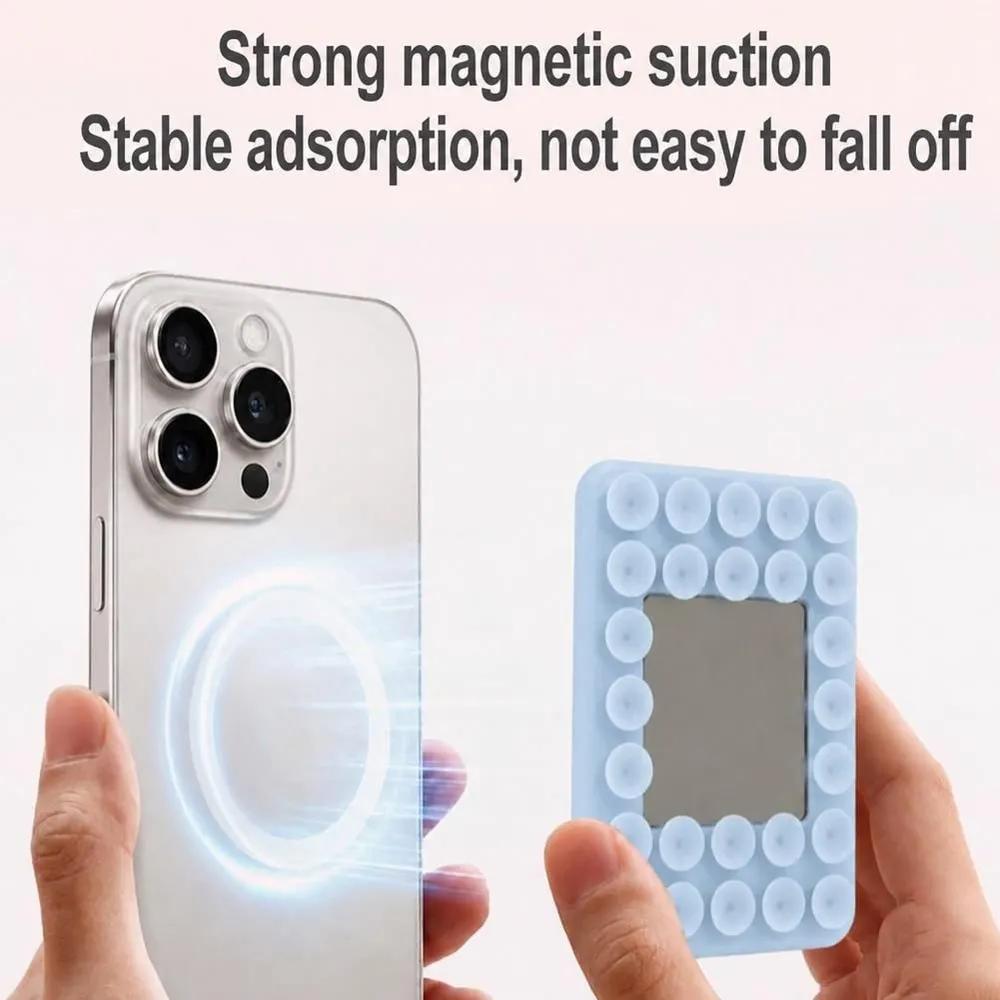Magnetic Phone Makeup Mirror with 26 Suction Cups, Portable Silicone Cosmetic Mirror for Back of Cell Phone