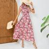 Summer Casual Floral Print Sleeveless Backless High Waist A-Line Half High Neck Ankle-Length Dresses Women Spring