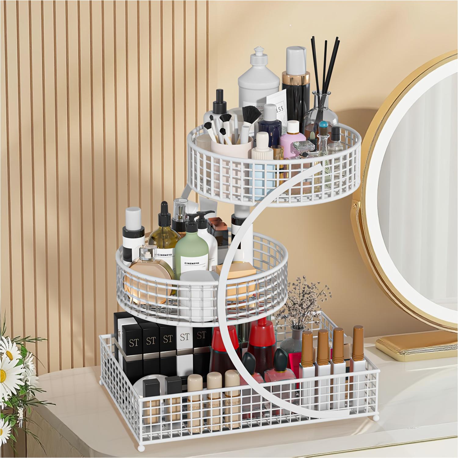 

3-Layer Modern Metal Cosmetics Storage Box Dressing Table Organizer No Installation Required for Makeup Accessories