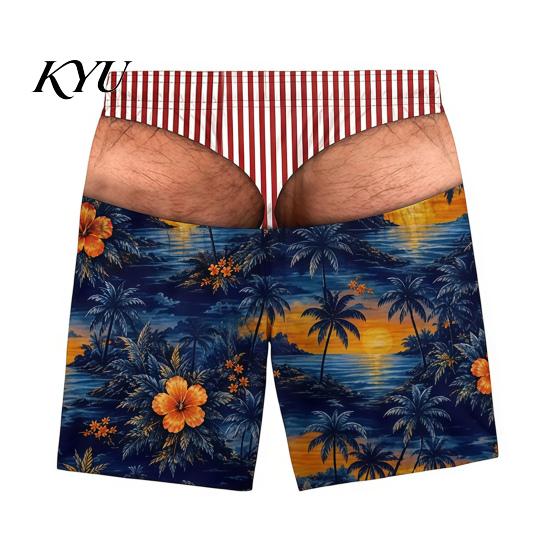 Mens Funny Beach Shorts Men Hairy Butt Shorts, Big Booty Leopard Novelty Illusion Printed Swimwear Print Briefs Design, USA Flag Swim Trunks