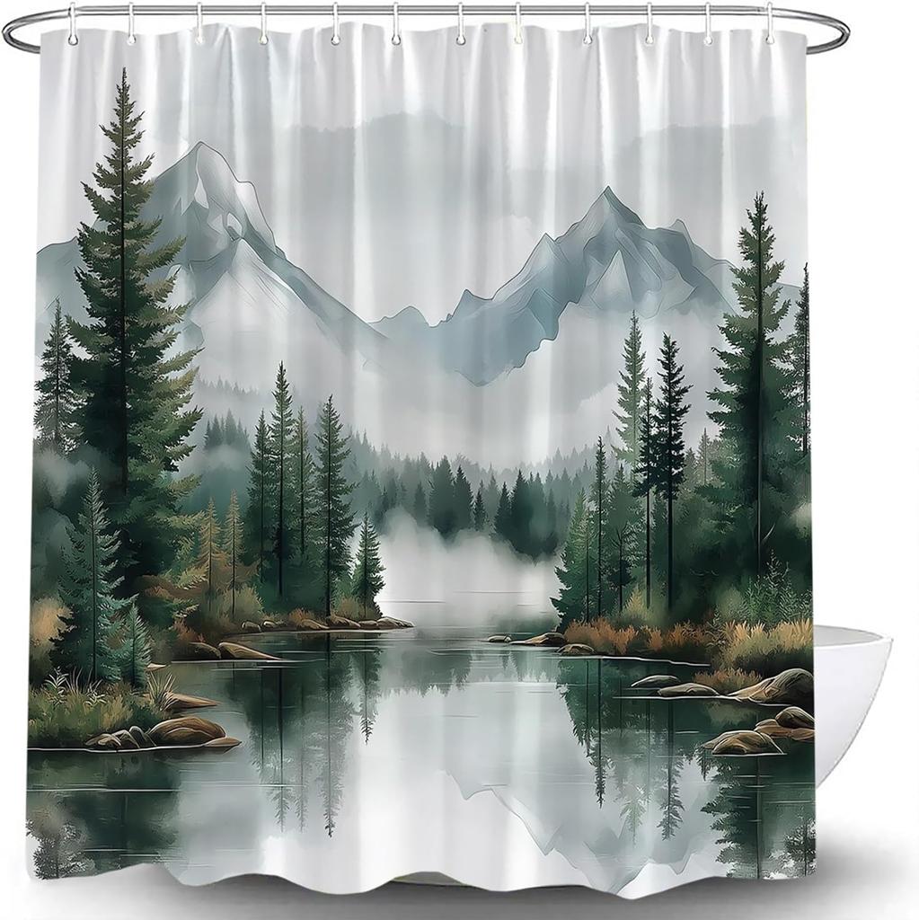 Green Misty Forest Shower Curtain Mountain Foggy Pine Trees Landscape Watercolor Jungle Plant Rustic Nature Scenery Lake Fabric