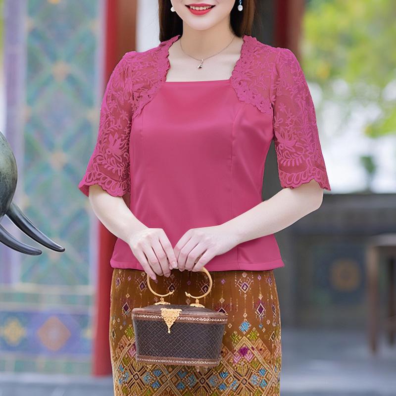 ZANZEA Women Square Neck Casual Lace Splice Half Sleeve Satin Blouse