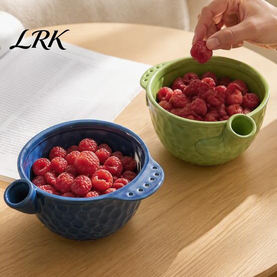 Ceramic Serving Bowl Berry Washing with Drain Holes, Self Spinning Fruit Strawberries Vegetable Washer, Swirling Rinsing Colander for Grapes Cherries
