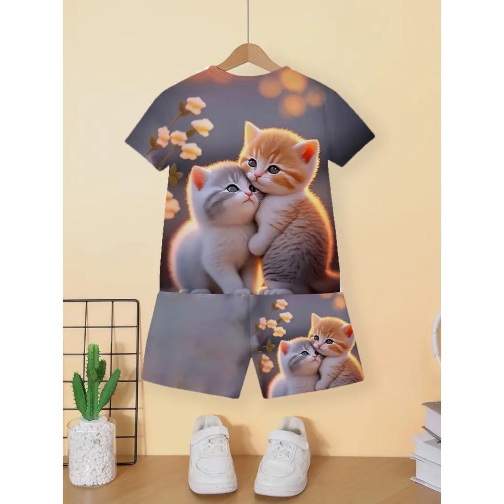Children's Cat T-Shirt Shorts Set Summer Casual Girl Clothes Short Sleeve Kids Sets for Children Tops Outdoor Sport Girl Outfits