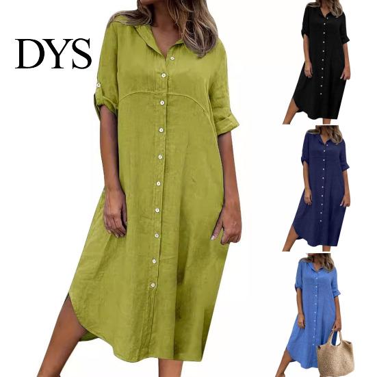 Buttoned Women Dress Summer SIngle-breasted Half Sleeves Turn-down Collar Loose Lady Daily Solid Color Buttons Commute Wear Midi Shirt