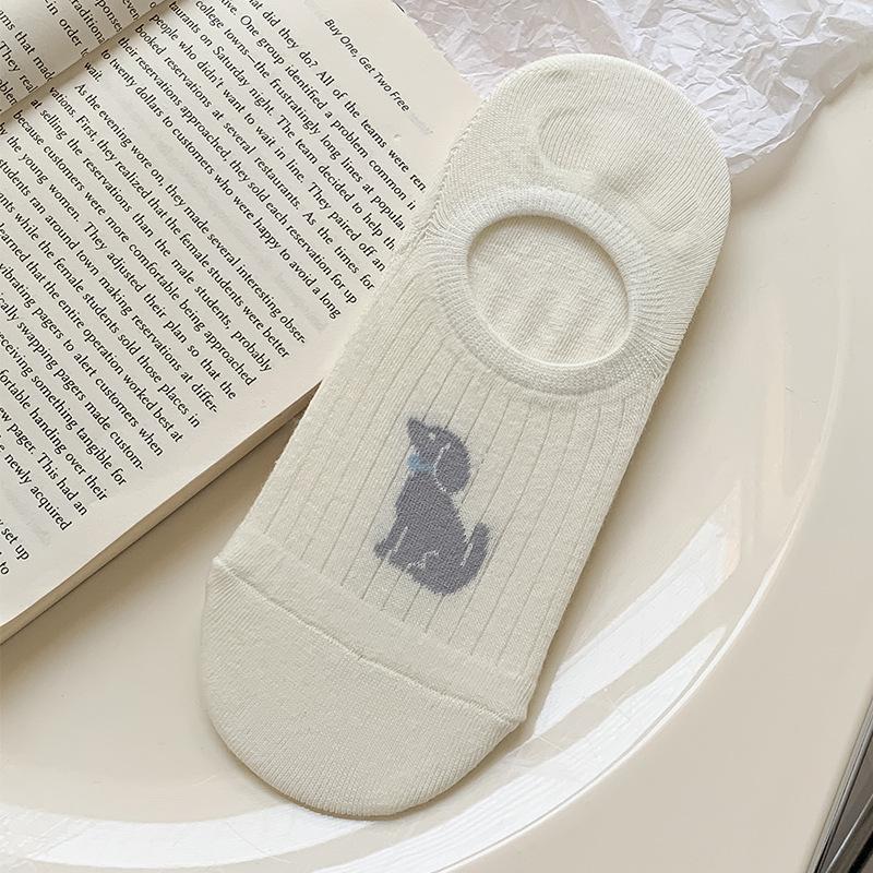 Simple Boat Socks, Spring and Summer Puppy Sweat-absorbing Cartoon Low-top Invisible Short Socks, Shallow Opening Anti-slip Silicone, No Heel Drop