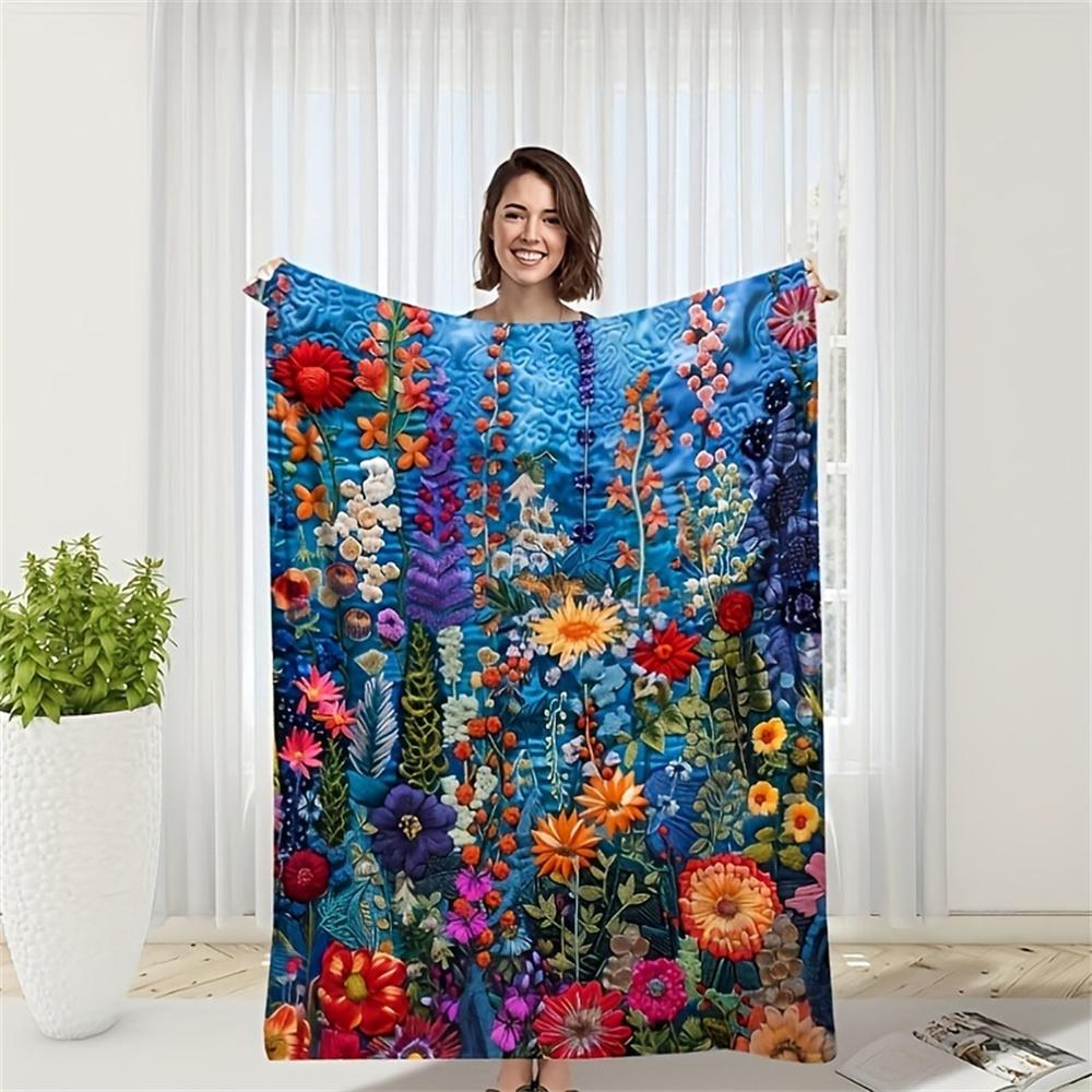 Lebhafte bestickte Blumendecke - Buntes Wildblumendesign auf Blau für Naturliebhaber & Gemütliche Wohnkultur