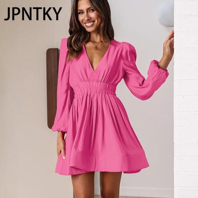 JPNTKY Damenmode Herbst Winter Einfarbig Druck Langarm V-Ausschnitt Hohe Taille Freizeitkleider