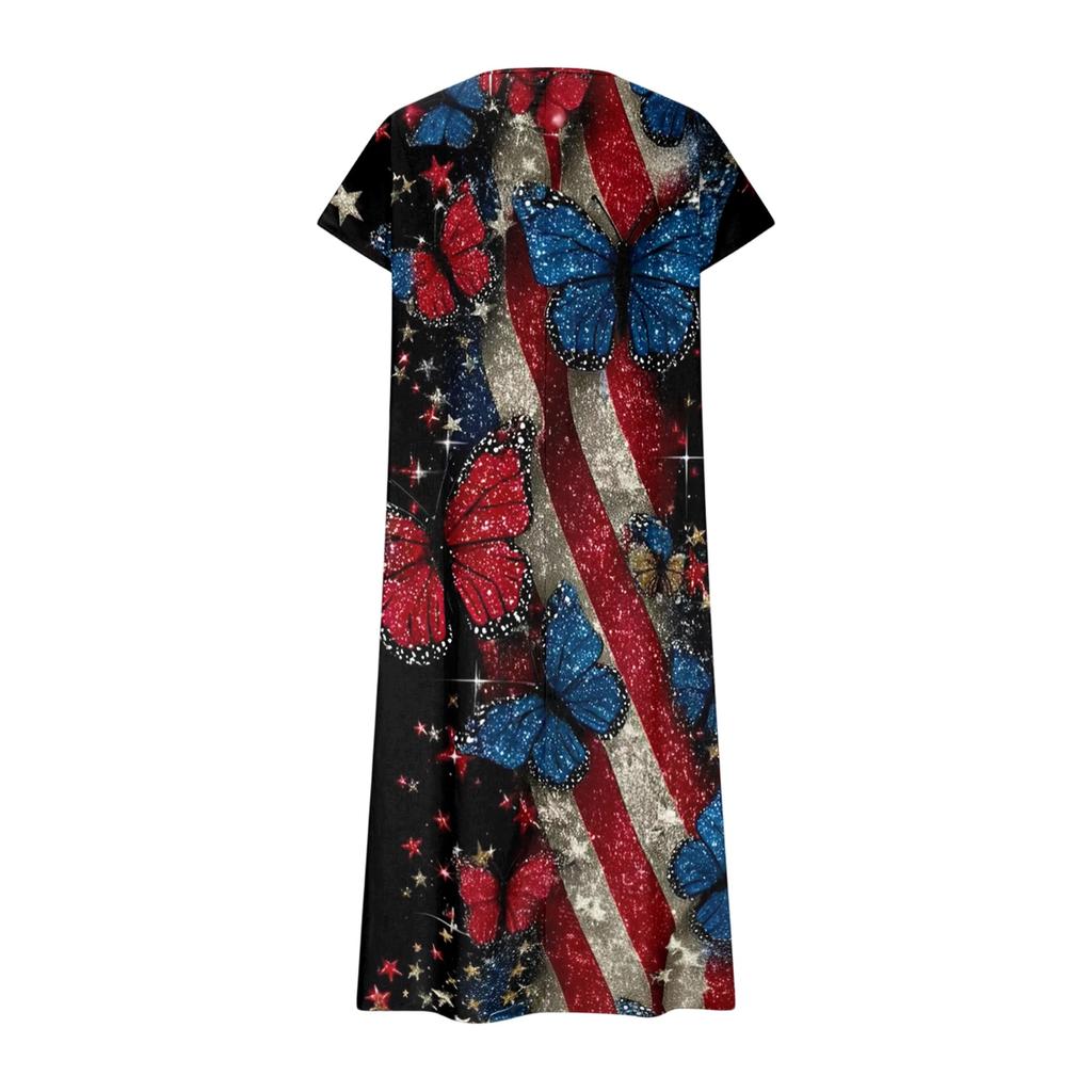 Women’s Short Sleeve V Neck Maxi Dress with Butterfly and Striped Print Loose Fit Casual Bohemian Style Summer Dress