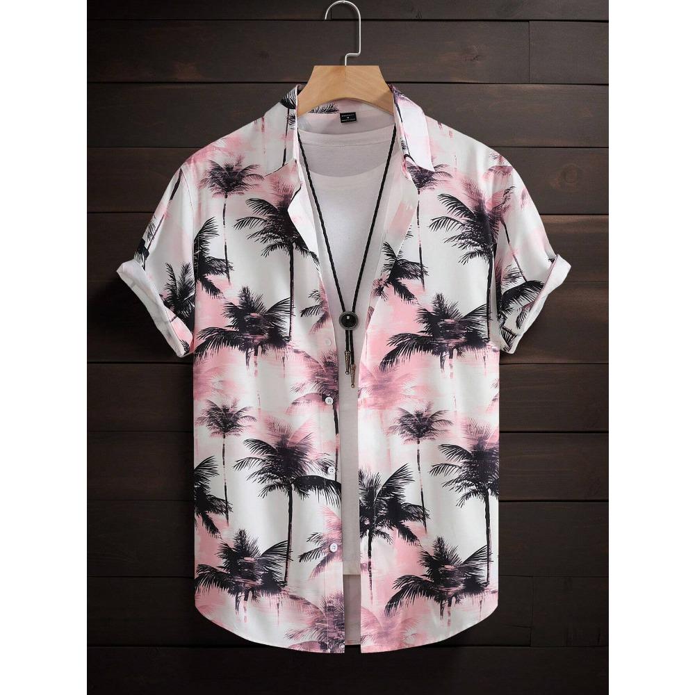 Hawaiian Color Coconut Tree Print Lapel Fashion Men's Shirt 2026 Men's Seaside Resort Casual Style Men's Short-sleeved Shirt