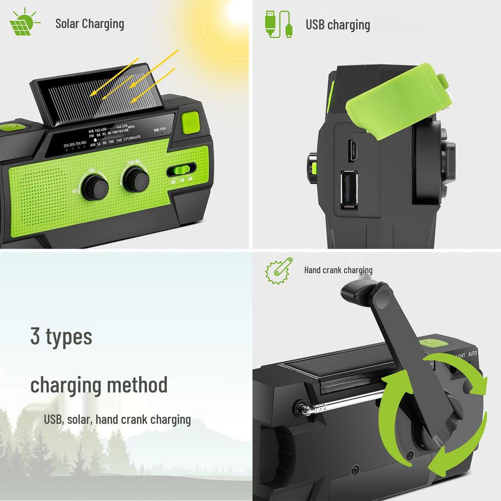 Multifunctional Hand Crank Solar Emergency Radio & Mobile Charger with Flashlight for Camping and Reading