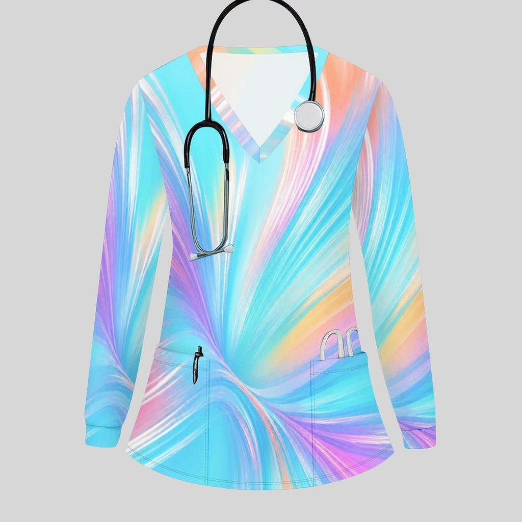 Women Plus Size Colorful Printed Nurse Scrub Top V Neck Long Sleeve With Front Pockets